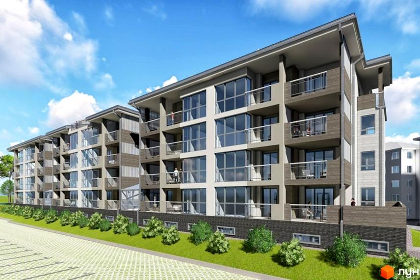 Житловий комплекс Хвиля Lux: фасади будівель світлі з темними елементами, великі вікна, балкони. Прибудинкова територія має газон та вимощену зону.