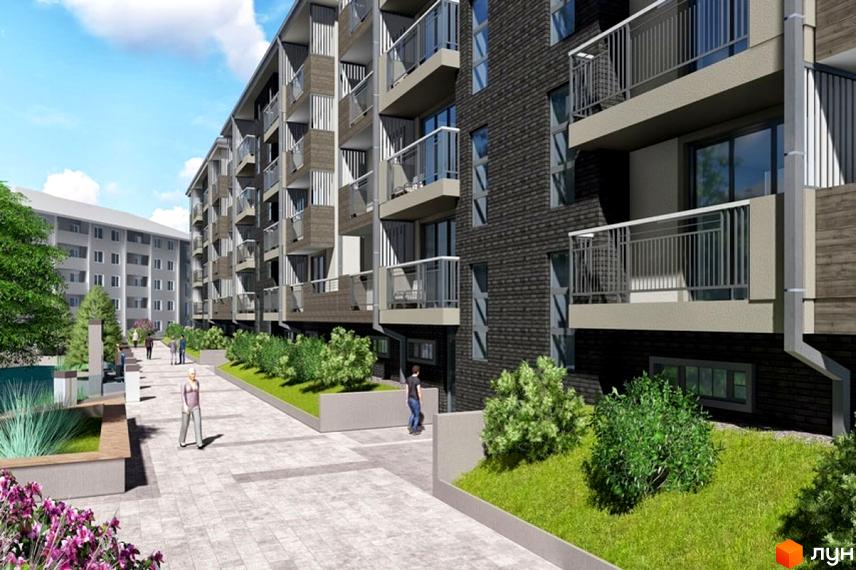 Житловий комплекс Хвиля Lux: багатоповерховий будинок з темним цегляним фасадом, світлими балконами та великими вікнами. Прибудинкова територія має доріжки та зелені насадження.