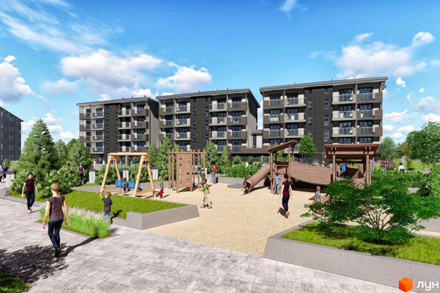 Житловий комплекс Хвиля Lux: багатоповерхові будинки з балконами та доглянута прибудинкова територія з дитячим майданчиком та зеленими насадженнями.