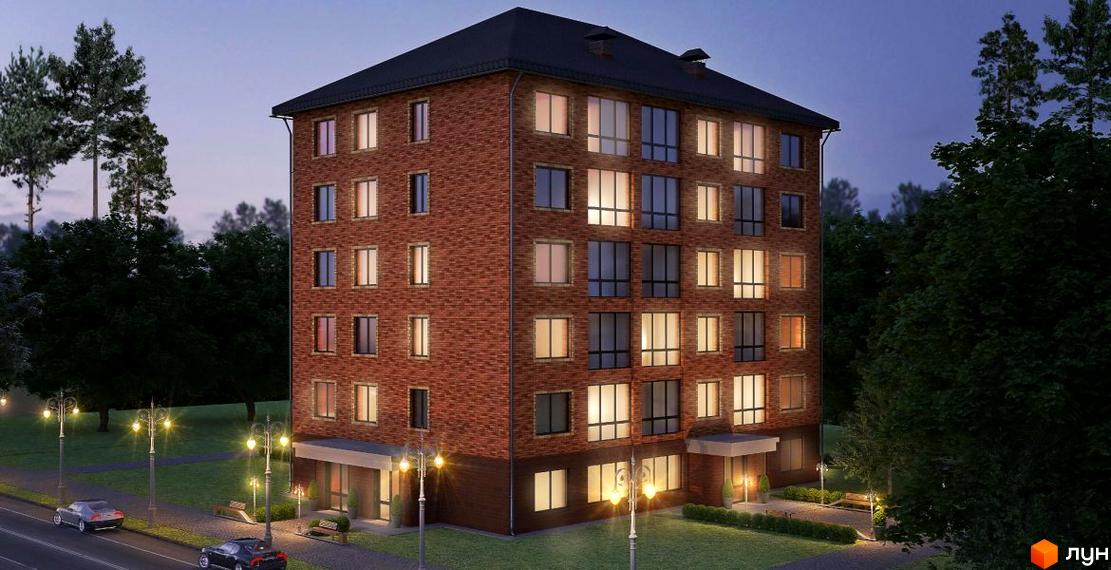 Цегляний клубний будинок „На Лісовій“ ввечері, з освітленими вікнами та прибудинковою територією з деревами та ліхтарями.