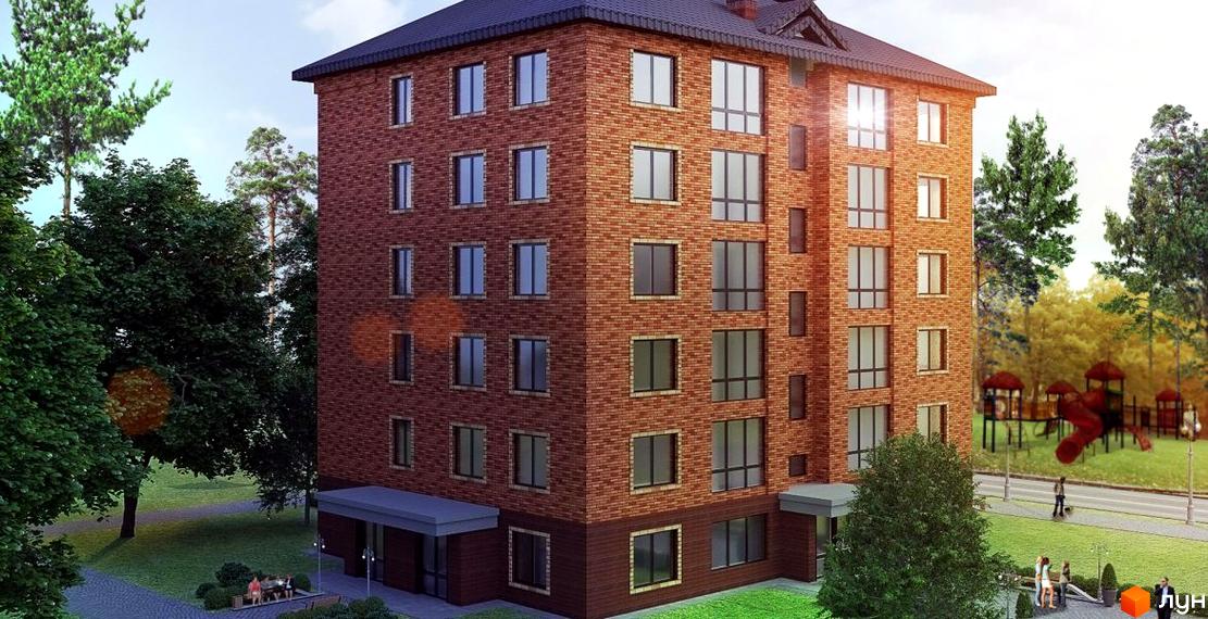 Цегляний багатоповерховий будинок Клубний будинок „На Лісовій“ з великими вікнами. Поруч зелені дерева, доріжки та дитячий майданчик.