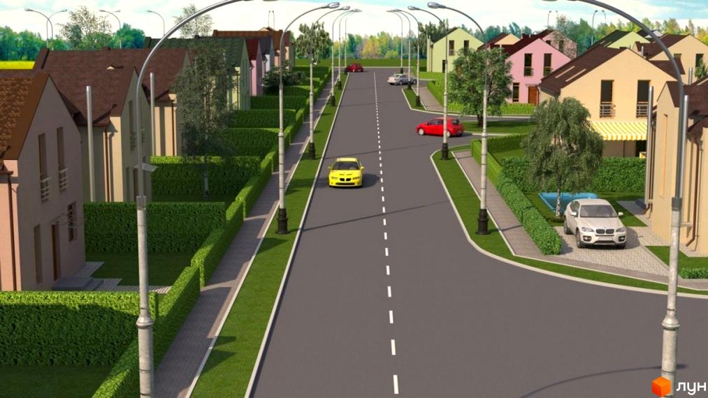 Котеджне містечко Sunny Village: вулиця з двоповерховими будинками бежевого, рожевого та зеленого кольорів. Прибудинкова територія має зелені насадження та доріжки.