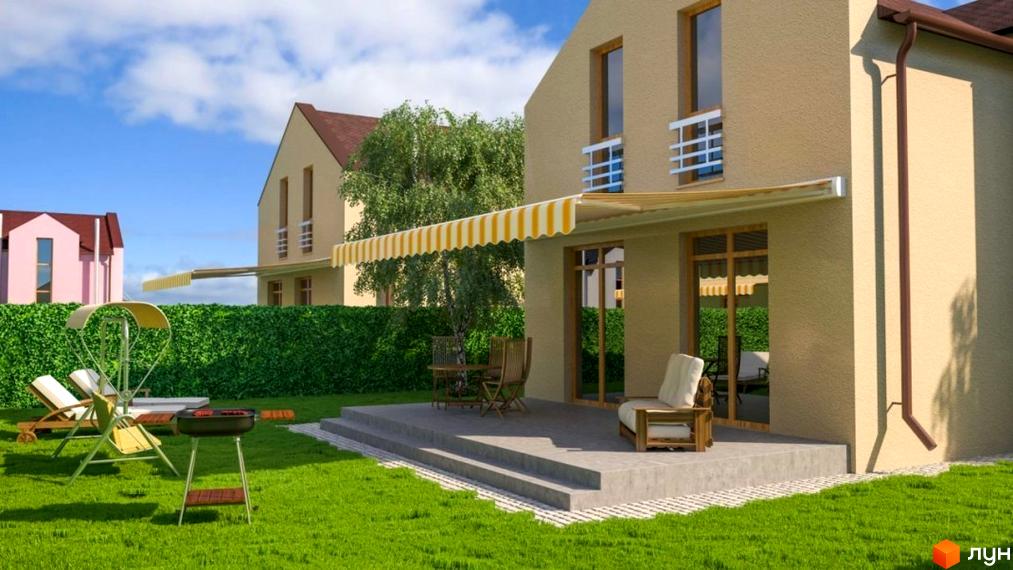 Котеджне містечко Sunny Village: бежевий будинок з терасою та жовто-білим маркізом. На подвір'ї зелений газон, зона відпочинку та барбекю.
