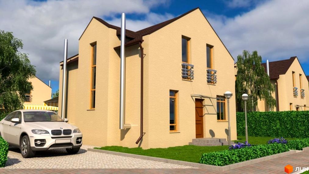 Котеджне містечко Sunny Village: світлий будинок з коричневим дахом та великими вікнами. На подвір'ї газон, живопліт і автомобіль.