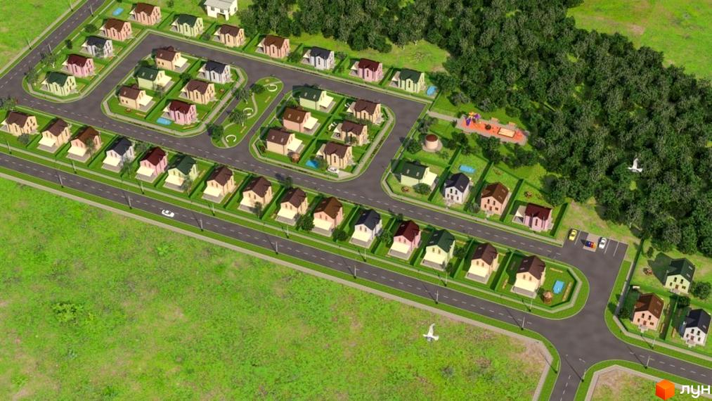 Котеджне містечко Sunny Village: панорама котеджів з різнокольоровими дахами. На території є дороги, зелені зони та дитячий майданчик.