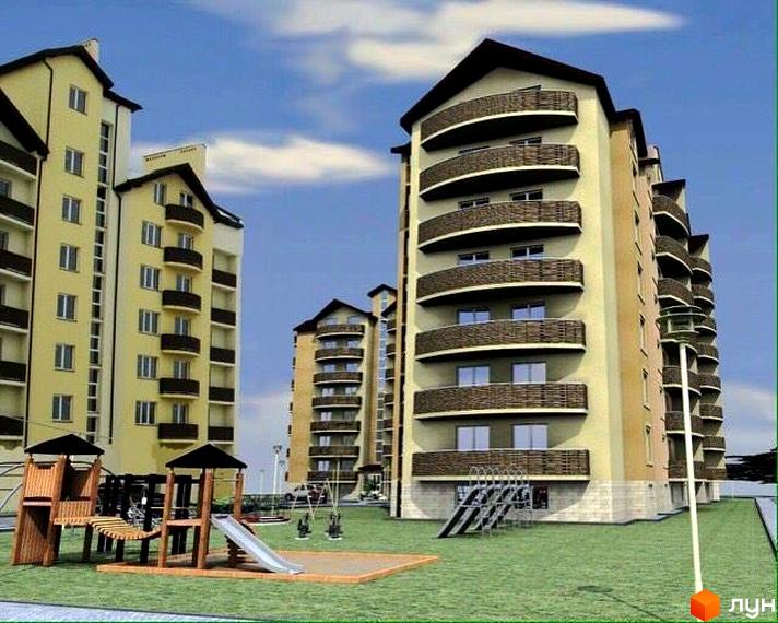 Житловий комплекс на вул. Чорновола 22, 22а: багатоповерхові будинки світлих відтінків з балконами та облаштований дитячий майданчик.