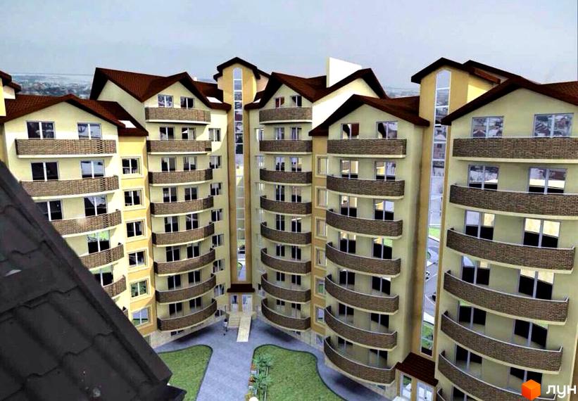 Житловий комплекс на вул. Чорновола 22, 22а з бежевими фасадами, коричневими дахами та вигнутими балконами, оточений зеленими газонами.