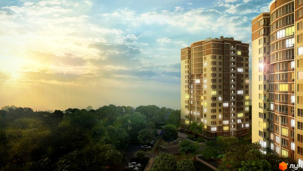 Житловий комплекс SunCity з високими будинками та озелененою прибудинковою територією. Фотографія новобудови на фоні хмарного неба.