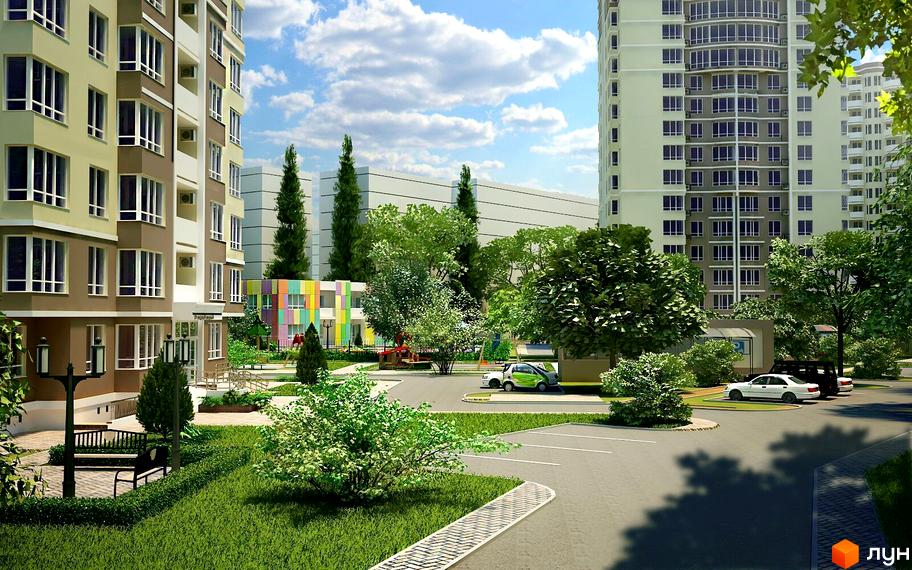 Житловий комплекс SunCity з багатоповерховими будинками та упорядкованою прибудинковою територією з зеленими насадженнями та дитячим майданчиком.