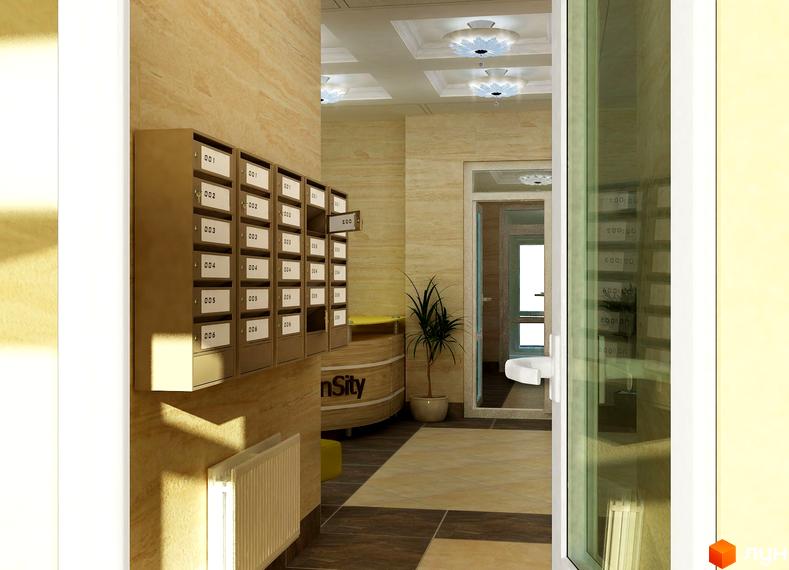 Житловий комплекс SunCity: просторий хол з індивідуальними поштовими скриньками та зоною ресепшн. Внутрішнє оздоблення створює затишну атмосферу.