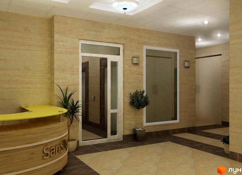 Сучасний вхід у житловий комплекс SunCity з елегантною стійкою реєстрації та озелененням. Простір оформлений у світлих тонах з акцентом на натуральні матеріали.