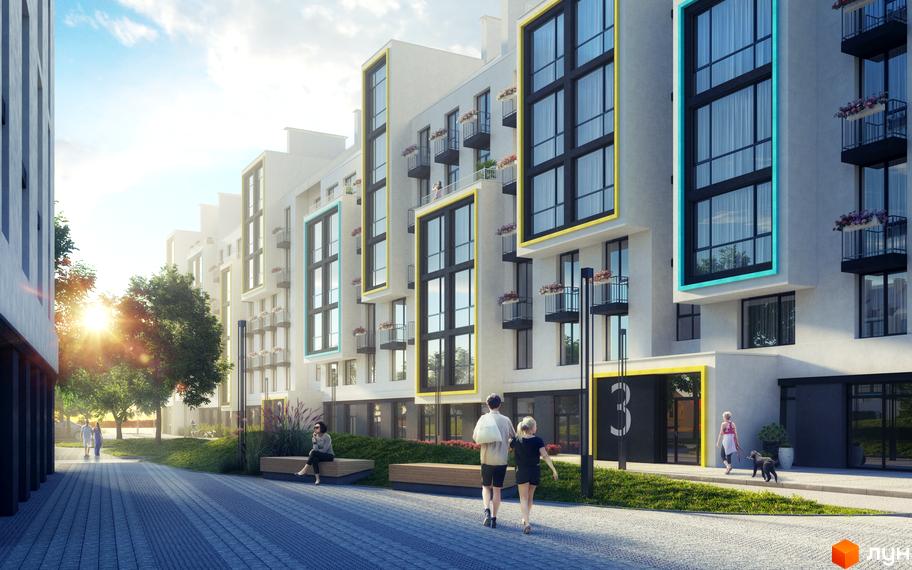 Зображення фасаду та прибудинкової території Житлового комплексу City Lake. Багатоповерховий будинок з великими вікнами та балконами, пішохідна алея.