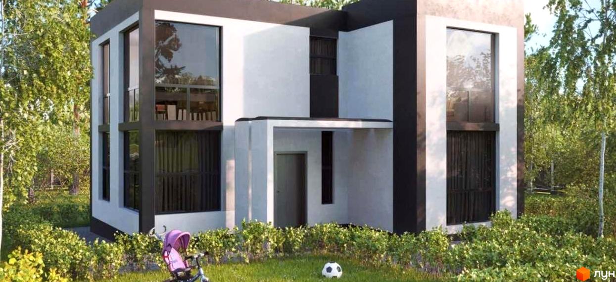 Двоповерховий будинок Котеджного містечка Barberry Park з білими стінами та великими темними вікнами. Навколо зелена галявина з кущами та деревами.