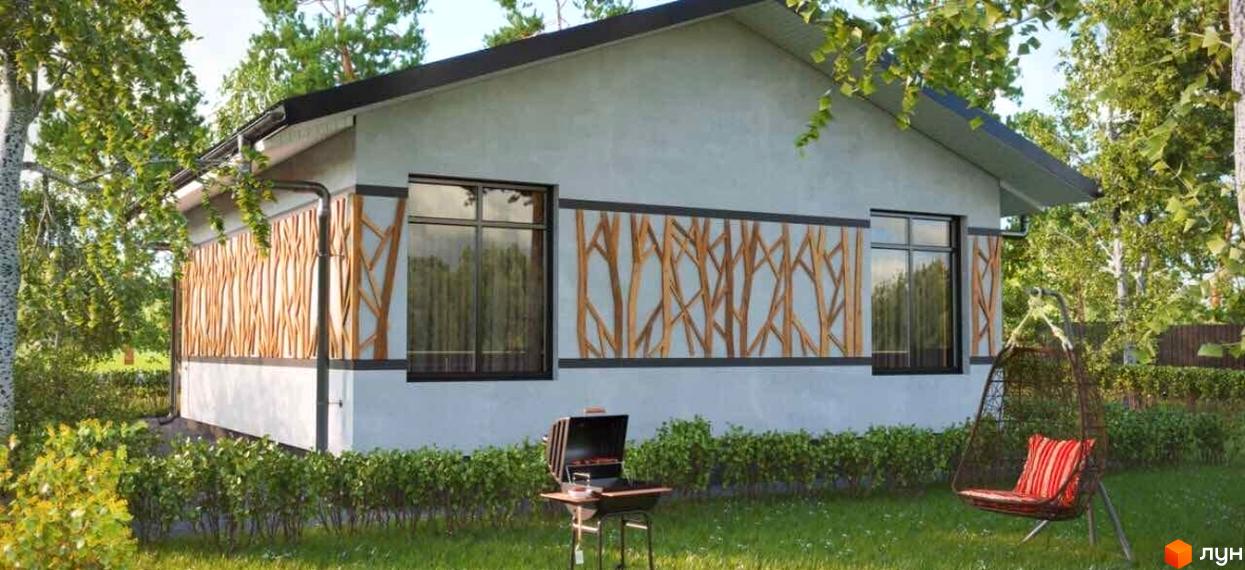 Котеджне містечко Barberry Park: одноповерховий будинок зі світлими стінами, дерев'яним декором на фасаді та зеленою прибудинковою територією з мангалом і кріслом-гойдалкою.