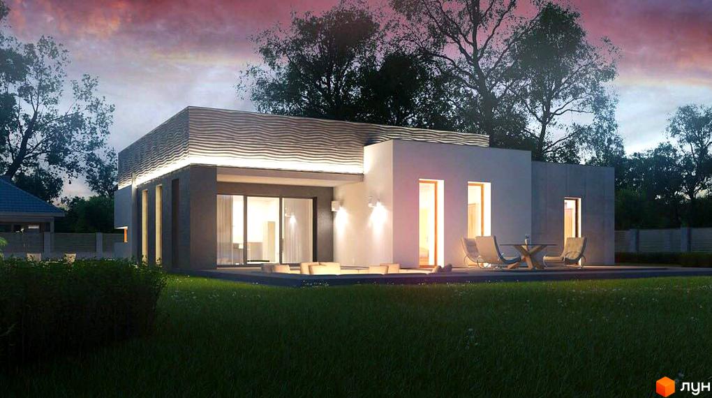 Будинок Котеджного містечка Barberry Park зі світлими стінами, великими вікнами та хвилястою панеллю на фасаді. Навколо зелений газон і тераса з меблями.