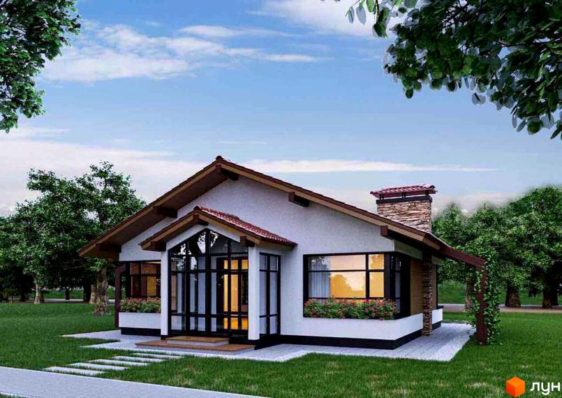 Котеджне містечко Barberry Park: одноповерховий будинок зі світлим фасадом, коричневим дахом та великими вікнами. Навколо зелена територія.