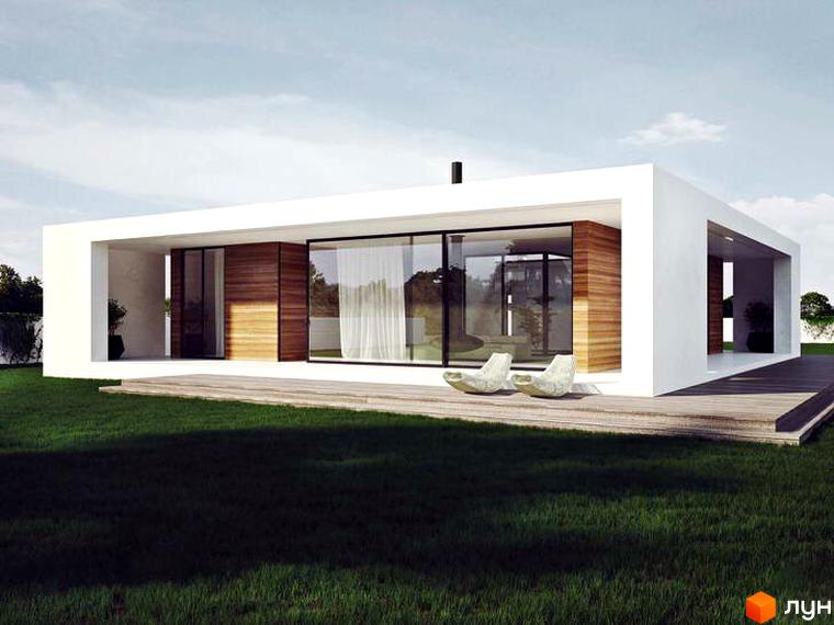 Білий одноповерховий будинок з великими панорамними вікнами та дерев'яними елементами в Котеджному містечку Barberry Park. Перед будинком зелений газон та дерев'яна тераса.