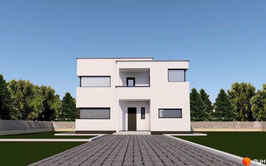 Білий двоповерховий будинок Котеджного містечка Barberry Park з пласким дахом та прямокутними вікнами. Перед будинком брукована доріжка, зелений газон та дерева.