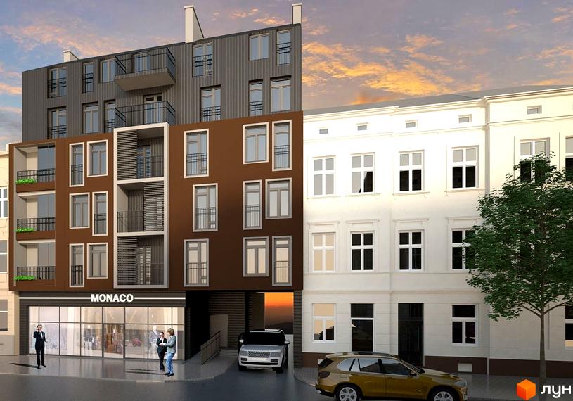 Зовнішній вигляд новобудови ЖК Monaco з коричневими та сірими фасадами, балконами та великими вікнами. Поруч біла будівля та дерева.