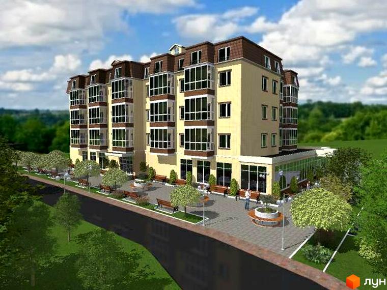 Житловий комплекс Затишна Фазенда: багатосекційний будинок світло-жовтого кольору з коричневими дахами та заскленими балконами. Прибудинкова територія з деревами, лавками та ліхтарями.