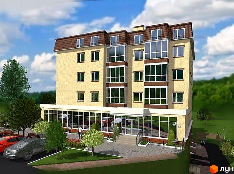 Житловий комплекс Затишна Фазенда: світло-жовтий п'ятиповерховий будинок з панорамними вікнами. Прибудинкова територія з вимощенням, зеленню та парковкою.