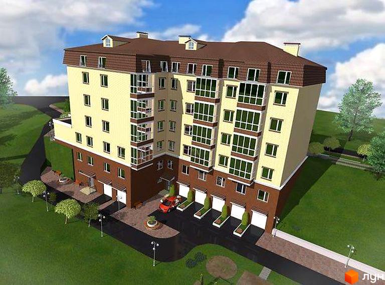 Житловий комплекс Затишна Фазенда має світлий фасад, коричневий дах та засклені балкони. Навколо будинку зелені газони, дерева та паркувальні місця з гаражами.