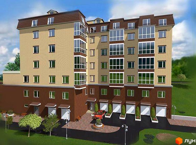 Житловий комплекс Затишна Фазенда: багатоквартирний будинок з бежевими фасадами, коричневим дахом та великими вікнами. Прибудинкова територія з зеленими насадженнями та доріжками.