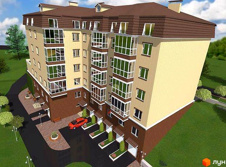 Зображення Житлового комплексу Затишна Фазенда. Багатоповерховий будинок з балконами, парковка для автомобілів та зелені насадження.