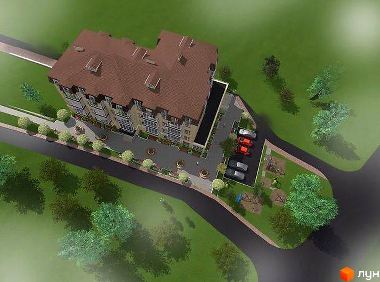 Зображення Житлового комплексу Затишна Фазенда. Багатоповерховий будинок з коричневим дахом, поруч парковка, дитячий майданчик та зелені насадження.