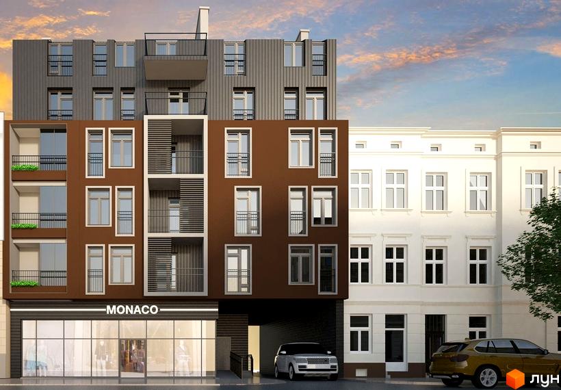 Новобудова ЖК Monaco з коричневим та сірим фасадами, балконами та великими вікнами. Поруч розташовані білі будинки та автомобілі.