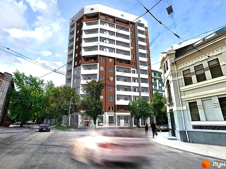 Зображення висотного будинку Житлового комплексу Мироносицка з балконами. Вигляд з вулиці на будівлю та прилеглу територію.