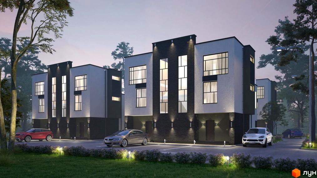 Зображення дуплексів Sky Garden Villas. Двоповерхові будинки з великими вікнами, припарковані автомобілі та освітлена прибудинкова територія.