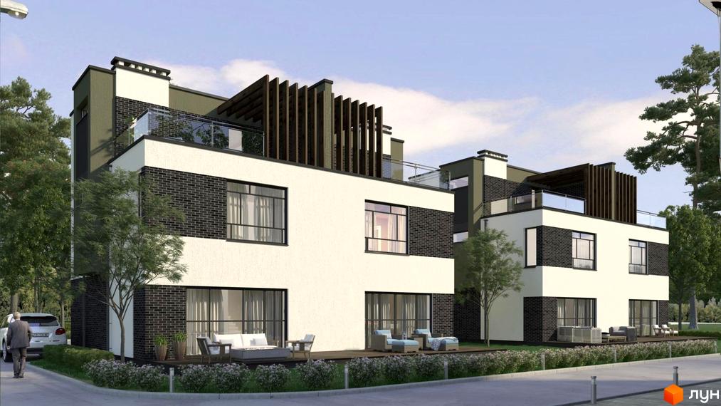 Зображення дуплексів у Житловому комплексі Sky Garden Villas. Двоповерхові будинки з білими стінами та темною цеглою, великі вікна, тераса з меблями.