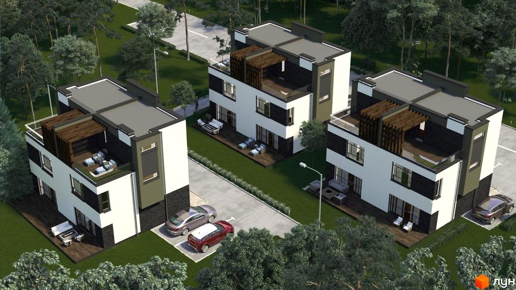 Зображення дуплексів у Житловому комплексі Sky Garden Villas. Триповерхові будинки з терасами на даху та зоною відпочинку на подвір'ї.