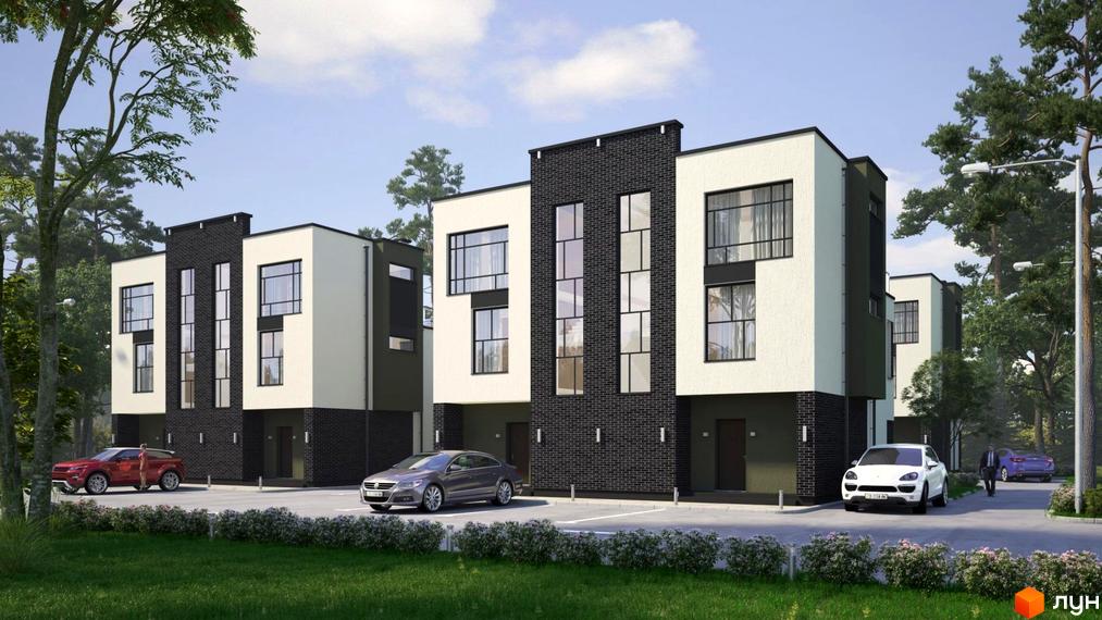 Зображення дуплексів у Житловому комплексі Sky Garden Villas. Будинки з чорною цеглою та білими стінами, припарковані автомобілі.