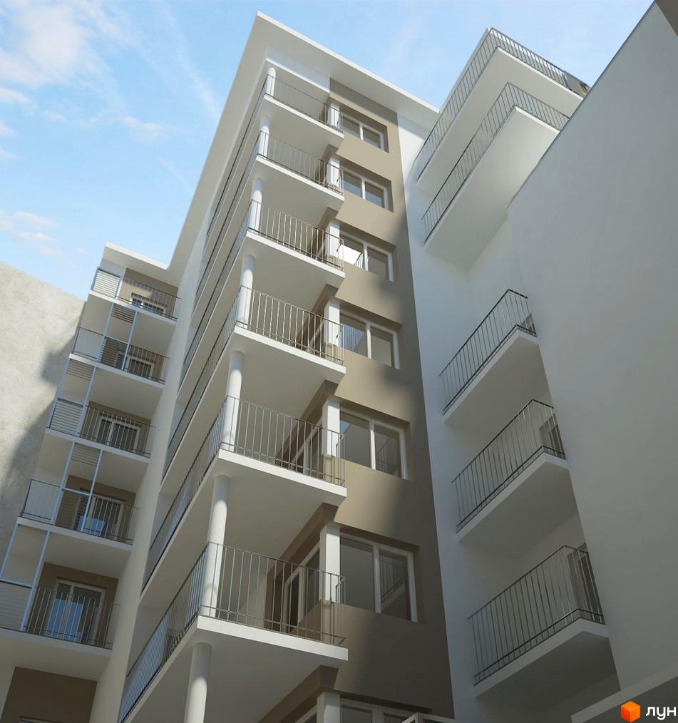 Зовнішній вигляд багатоповерхового будинку з балконами та вікнами. Новобудова на вул. Богдана Хмельницького, 27а.