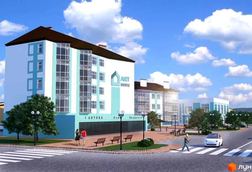 Зображення Житлового комплексу Молодіжний XXI. Багатоповерховий будинок з магазинами на першому поверсі, поруч пішохідний перехід та прибудинкова територія.