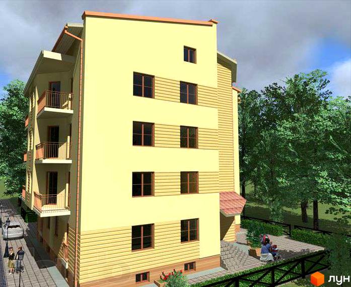 Зовнішній вигляд чотириповерхового будинку з балконами та вікнами на вулиці Немирівська, 33. На прибудинковій території розташовані дерева та зона відпочинку.