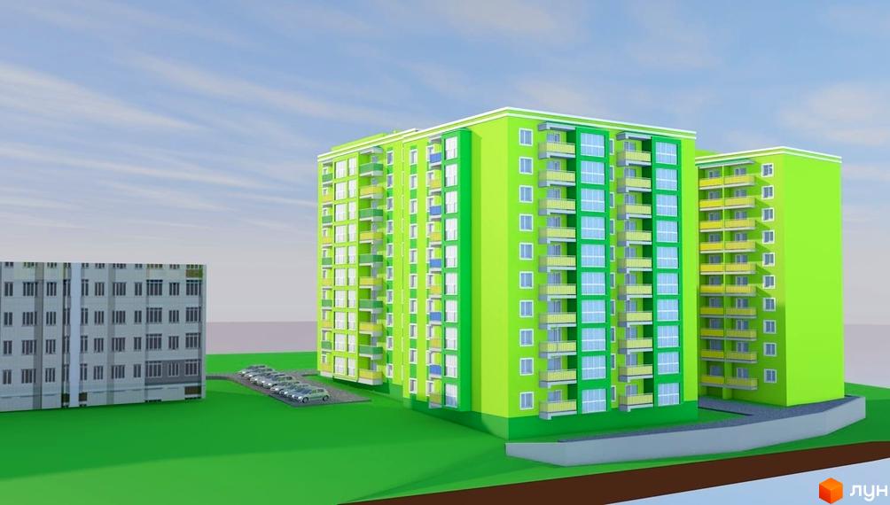 Зображення фасаду та прибудинкової території будинку по вулиці Козацька, 15а. На передньому плані зелений газон, позаду – багатоповерхівки.