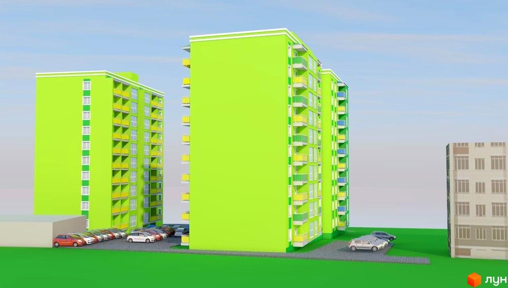 Зображення житлового комплексу по вулиці Козацька, 15а. Багатоповерхові будинки з балконами, поруч припарковані автомобілі.