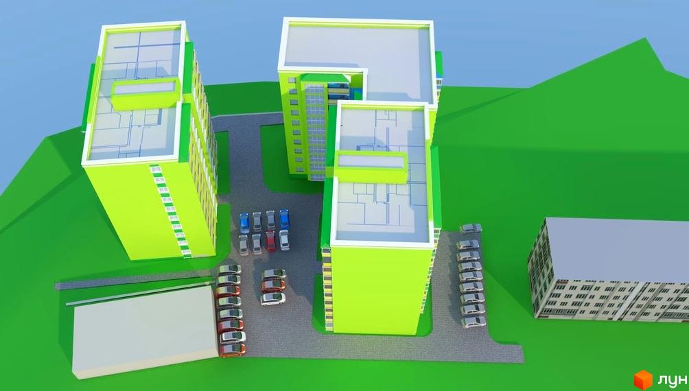 Зображення житлового комплексу по вул. Козацька, 15а. Багатоповерхові будинки з паркінгом та озелененою територією.