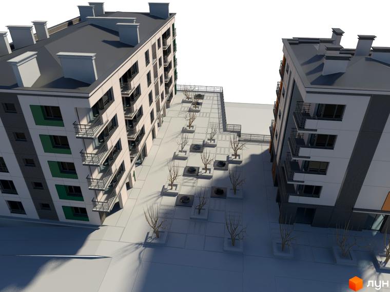 Зовнішній вигляд житлового комплексу на вулиці Бойківська, 56, з фасадами світло-бежевого та сірого кольорів, зеленими вставками та балконами. Прибудинкова територія з деревами та кондиціонерами.