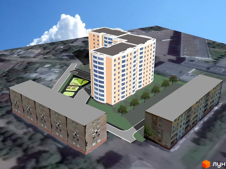 Зображення Новобудови по вул. Бориса Луговського, 10. Вигляд багатоповерхового будинку та прибудинкової території з дитячим майданчиком.