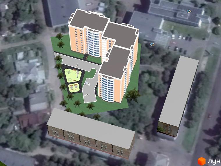 Зображення Житлового комплексу по вул. Бориса Луговського, 10. Вигляд зверху на багатоповерховий будинок та прибудинкову територію з дитячим майданчиком.