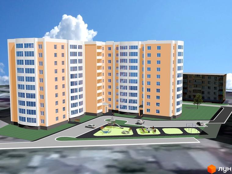 Зображення будинку по вулиці Бориса Луговського, 10. Багатоповерхова будівля з дитячим майданчиком та парковкою на прибудинковій території.