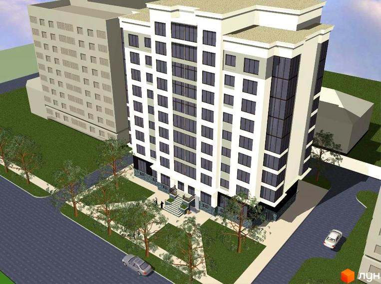 Зображення фасаду та прибудинкової території Новобудови Княжий. Багатоповерховий будинок з великими вікнами, зелені насадження, тротуари та автомобілі.