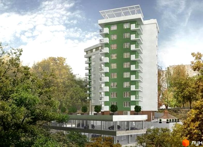 Зовнішній вигляд новобудови на вулиці Медової Печери, 40. Багатоповерховий будинок з зеленим фасадом та балконами. Навколо будинку зелені насадження та парковка.