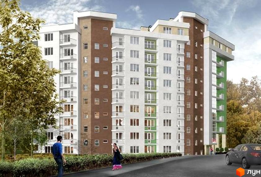 Зовнішній вигляд багатоповерхового житлового комплексу з білими, коричневими та зеленими фасадами. На передньому плані видно доглянуту прибудинкову територію з деревами та кущами.