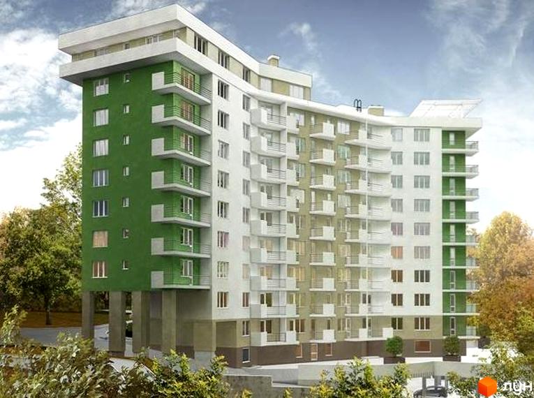 Зовнішній вигляд новобудови на вул. Медової Печери, 40, з зеленими та білими фасадами, балконами та вікнами. Навколо будинку дерева та хмарне небо.