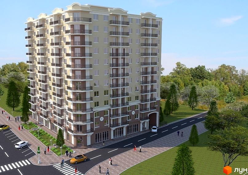 Зображення багатоповерхового будинку Житлового комплексу Два Академіка з балконами та прилеглою територією з дорогами та тротуарами.